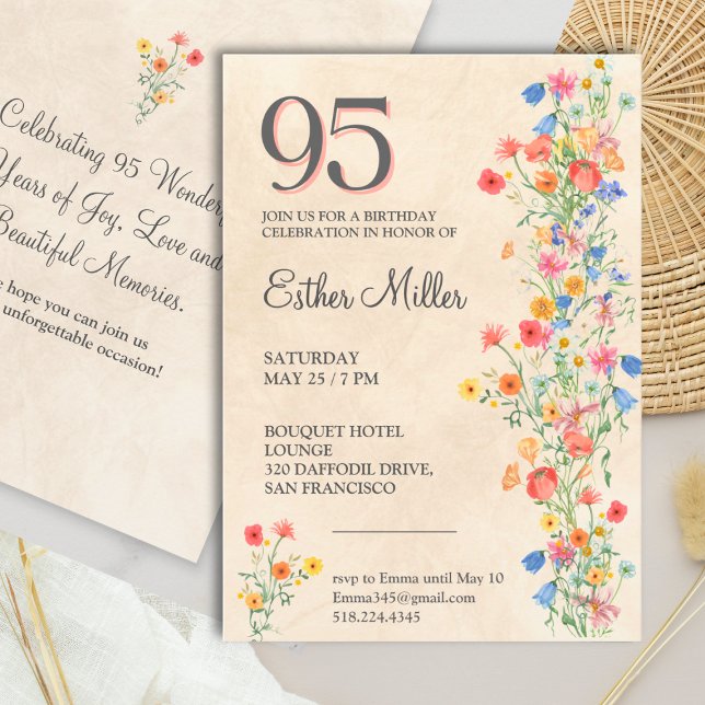 Invitation Elegant 95th Birthday - Wildflower Design 95 Years (Créateur téléchargé)