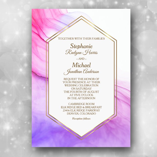 Invitation Elegant Abstract Pink Violet Gold Frame Wedding (Créateur téléchargé)
