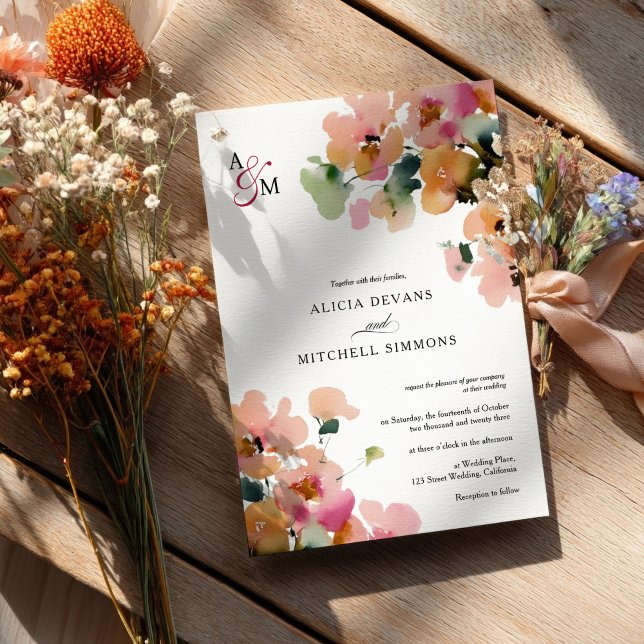 Invitation Élégant Abstrait Automne Floral Monogram Mariage (Elegant Abstract Autumn Floral Monogram Wedding Invitation)