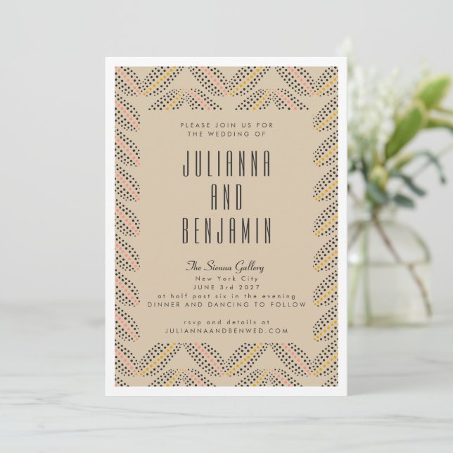 Invitation Elégant Abstrait Dots Motif Sand noir Mariage (Debout devant)