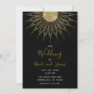 Invitation Elégant Abstrait Gold Sun Mandala Black Mariage