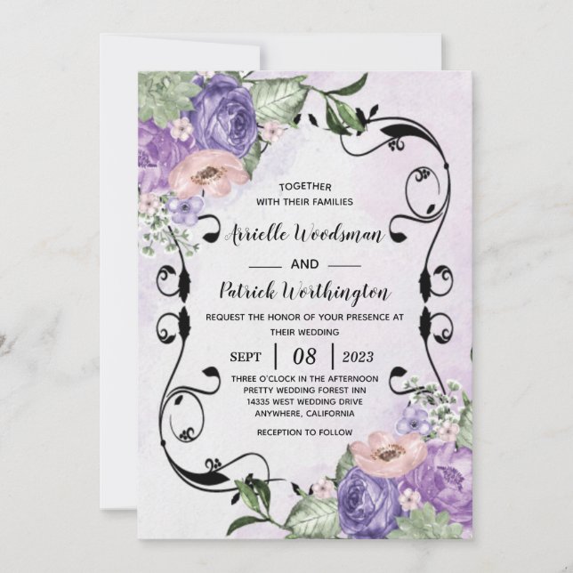 Invitation # Élégant aérien boho floral mariage violet et arg (Devant)