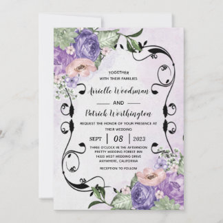 Invitation # Élégant aérien Boho floral mariage violet et arg