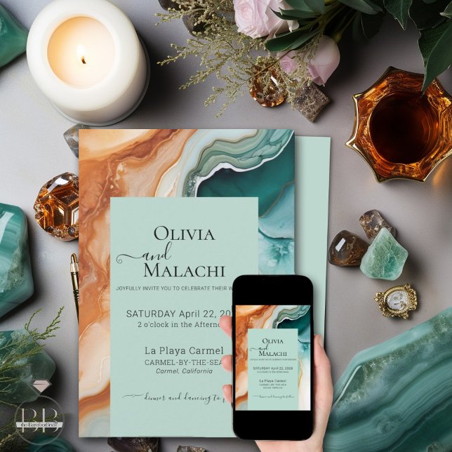 Invitation Élégant Agate Abstrait moderne Turquoise Terracott (Choose  printed or digital  or both)