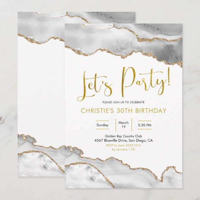 Invitation Elégant Agate Blanc et Or Faisons la fête Invitati (Devant / Derrière)
