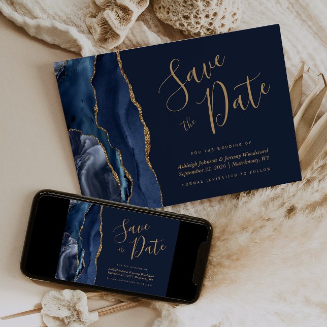 Invitation Élégant Agate Bleu Nuit Or Save the Date (Créateur téléchargé)