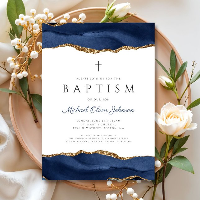 Invitation Élégant Agate Bleu Religieux Baptême Bébé (Elegant Blue Agate Religious Baby Baptism Invitation)