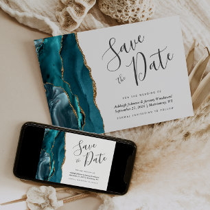 Invitation Élégant Agate Bleu Sarcelle Or Save the Date