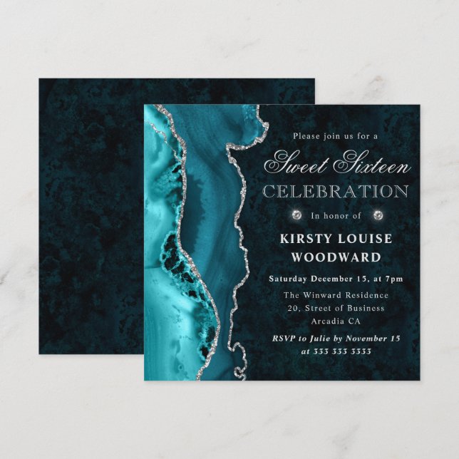 Invitation Élégant agate pailletée sarcelle et argent pour un (Devant / Derrière)
