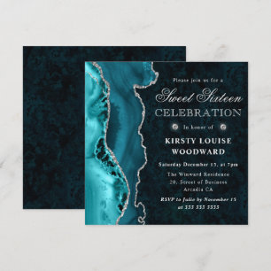 Invitation Élégant agate pailletée sarcelle et argent pour un