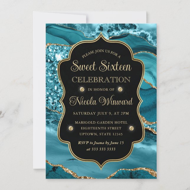 Invitation Élégant agate pailletée sarcelle et or Sweet Sixte (Devant)