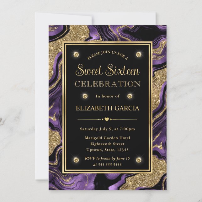 Invitation Élégant Agate Papier D'aluminium Violet Et Paillet (Devant)