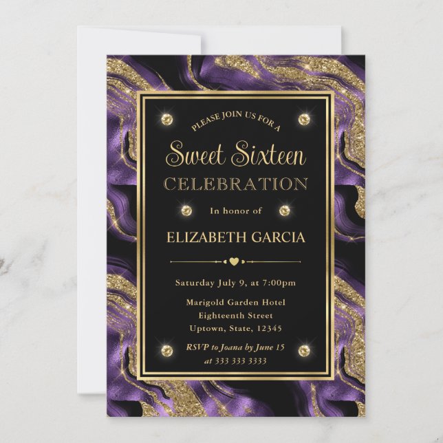 Invitation Élégant Agate Papier D'aluminium Violet Et Paillet (Devant)