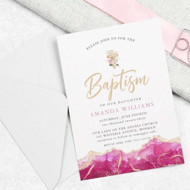 Invitation Élégant Agate rose or avec croix | Baptême (Créateur téléchargé)