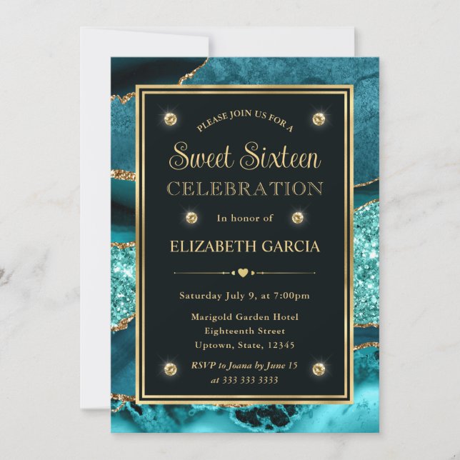 Invitation Elégant agate sarcelle et or paillettes Sweet Sixt (Devant)