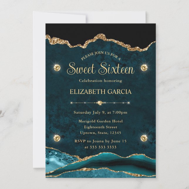 Invitation Élégant Agate Turquoise et Paillettes Dorées Sweet (Devant)