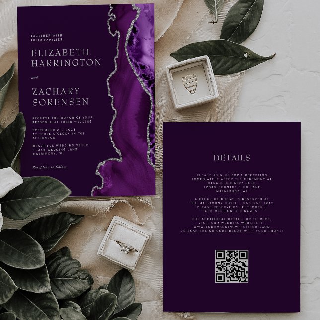 Invitation Élégant Agate violet Argent Plum QR Code Mariage (Créateur téléchargé)