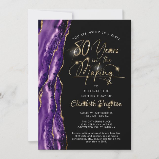 Invitation Élégant Agate violet Black Gold 80e anniversaire (Devant)