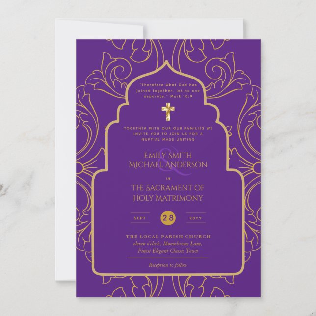 Invitation Élégant All-in-1 violet Mariage catholique or (Devant)