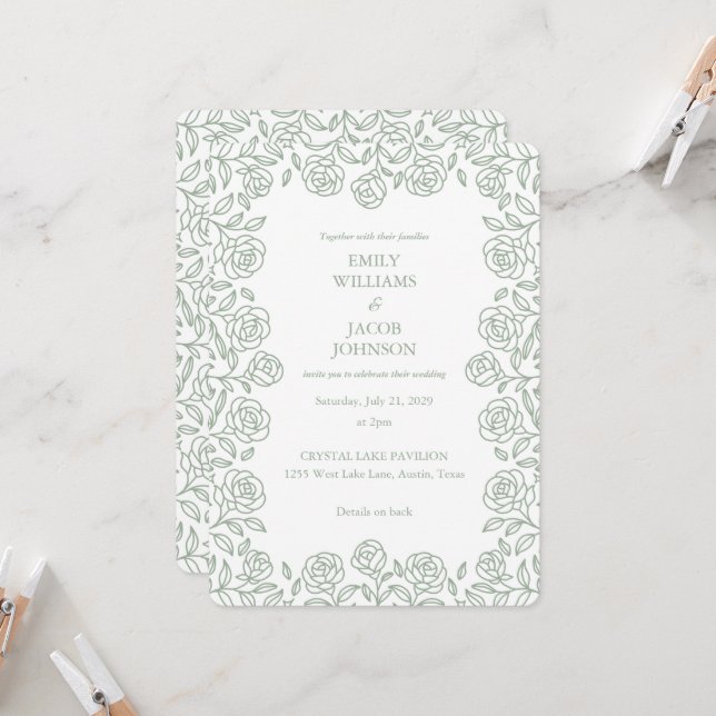 Invitation Elegant All in One Floral Sage & White Wedding (Devant/Arrière en situation)