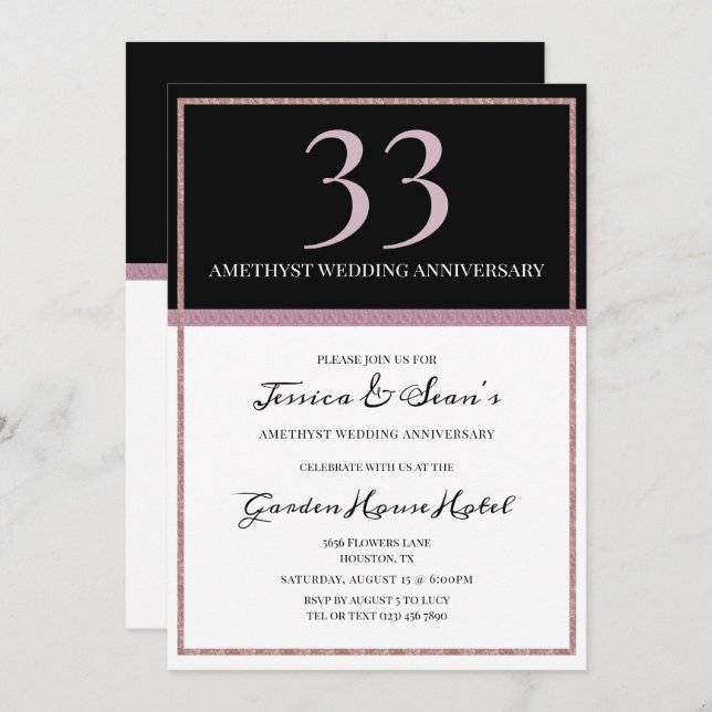 Invitation Élégant Améthyste et Noir 33e anniversaire Mariage (Devant / Derrière)