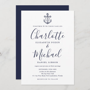 Invitation Élégant Ancre bleu marine  nautique Mariage