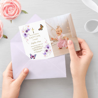 Invitation Élégant Anémone Papillon Girl Photo Baptême