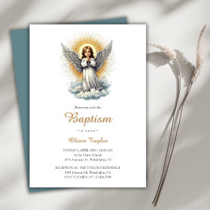 Invitation Élégant Ange Blanc Religieux Baptême chrétien
