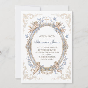 Invitation Élégant Ange Cherubin Bleu Vintage Baptême