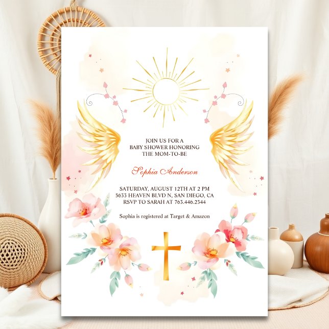 Invitation Elégant Angel Wings Christian Cross Baby shower (Elegant Angel Wings Christian Cross Baby Shower Invitation)