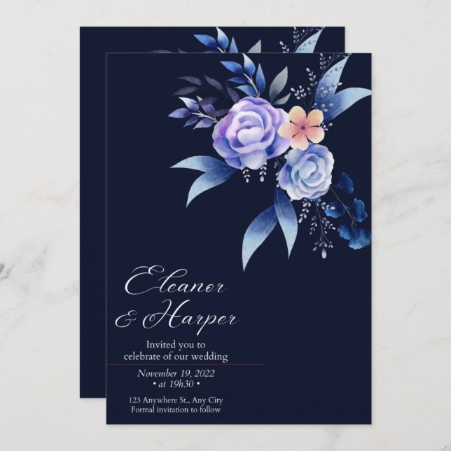 Invitation élégant angle peony wreath marine bleu mariage (Devant / Derrière)