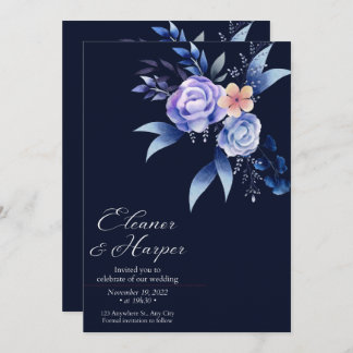 Invitation élégant angle peony wreath marine bleu mariage