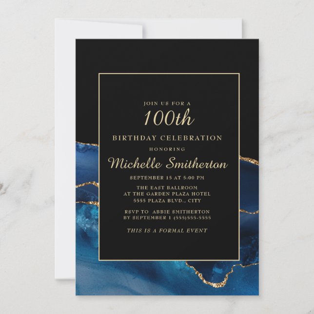 Invitation Elégant Anniversaire 100 ans Bleu Nuit Agate Or Ma (Devant)