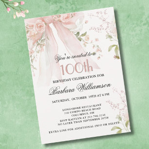 Invitation Élégant Anniversaire 100 Ans Fleurs Rose Aquarelle