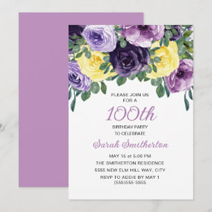 Invitation Élégant Anniversaire 100 ans Fleurs Violettes Jaun