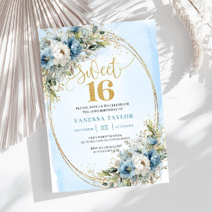 Invitation Élégant Anniversaire 16 ans Dusty Blue Floral 