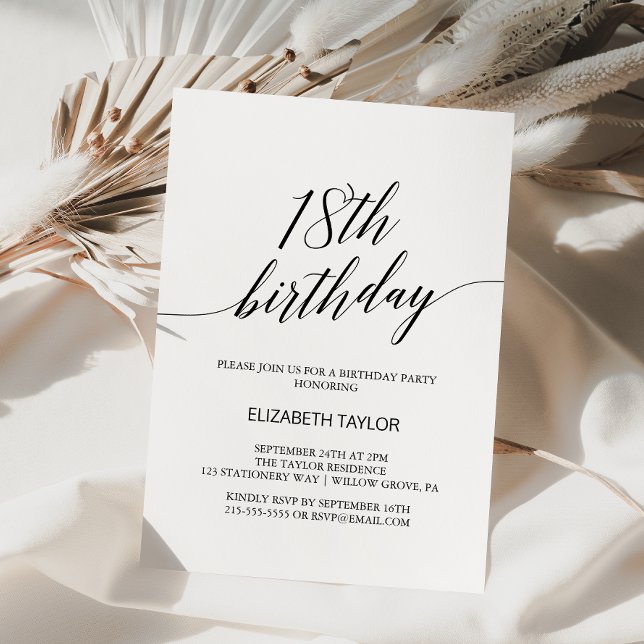 Invitation Elégant Anniversaire 18 Ans Calligraphie Noire (Créateur téléchargé)