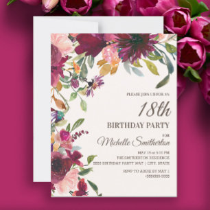 Invitation Elégant Anniversaire 18 ans Fleurs Rose Violet Or