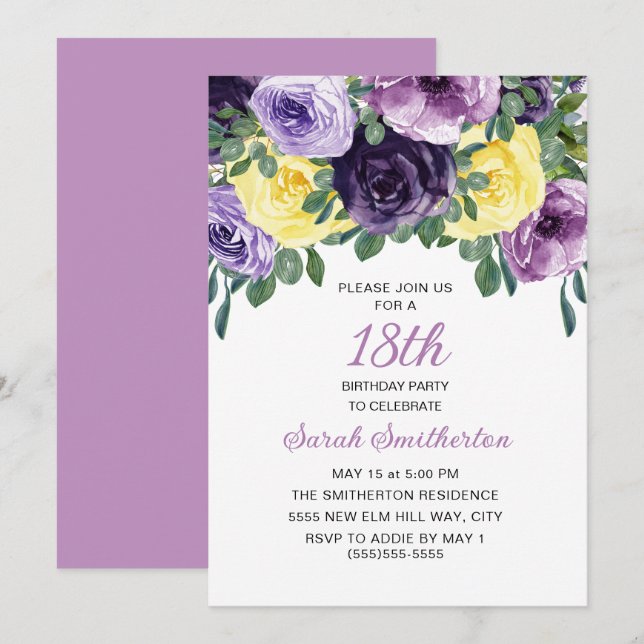 Invitation Elégant Anniversaire 18 ans Fleurs Violettes Jaune (Devant / Derrière)
