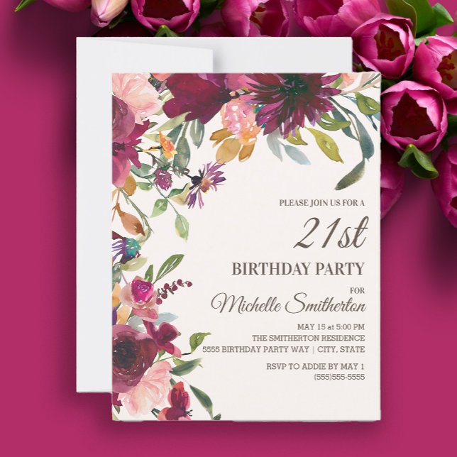 Invitation Elégant Anniversaire 21 ans Fleurs Rose Violet Or (Burgundy and pink watercolor floral 21st birthday party invitation)