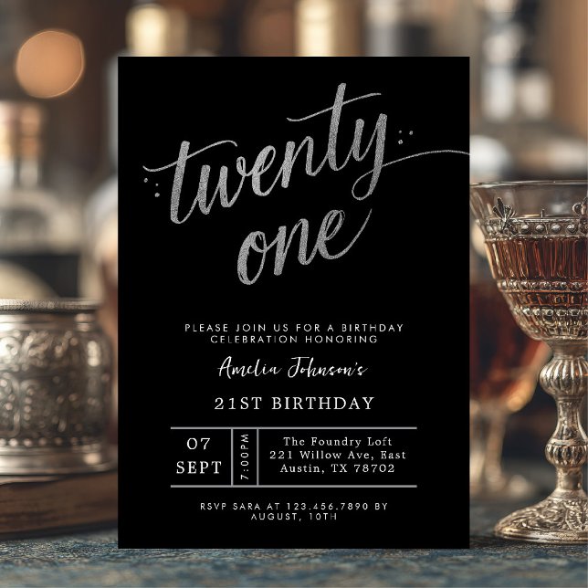 Invitation Élégant Anniversaire 21 ans Noir et Argent (Twenty-one and dazzling ✨ Celebrate your milestone with this chic black and silver invite.)