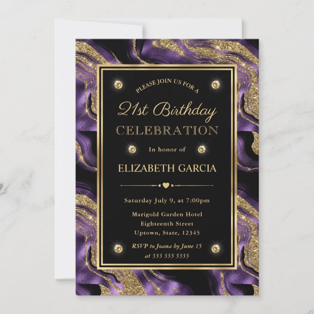 Invitation Élégant Anniversaire 21 Ans Paillettes Agate Viole (Devant)