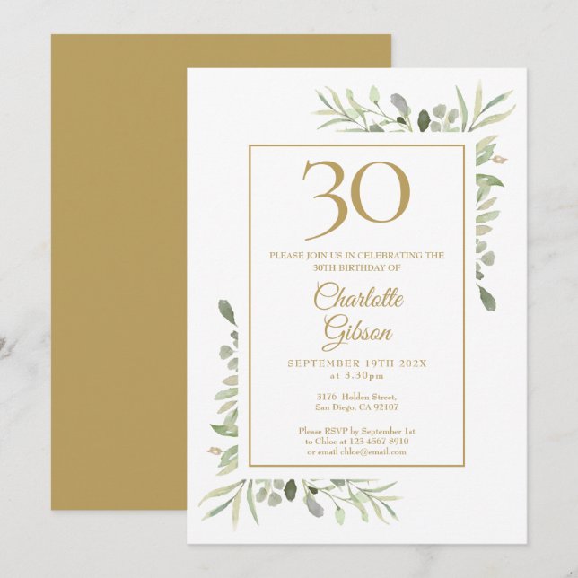 Invitation Élégant Anniversaire 30 ans aquarelle dorée sur ve (Devant / Derrière)