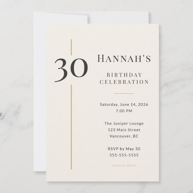 Invitation Élégant Anniversaire 30 Ans Crème Et Or (Devant)