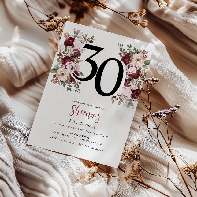 Invitation Élégant Anniversaire 30 ans Fleurs (Créateur téléchargé)