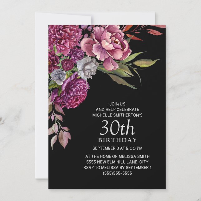 Invitation Elégant Anniversaire 30 ans Fleurs Rose Violet Noi (Devant)