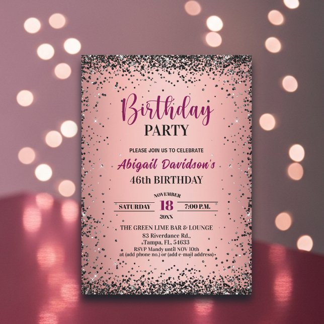 Invitation Elégant Anniversaire 46 ans Paillettes Noires Méta (Créateur téléchargé)