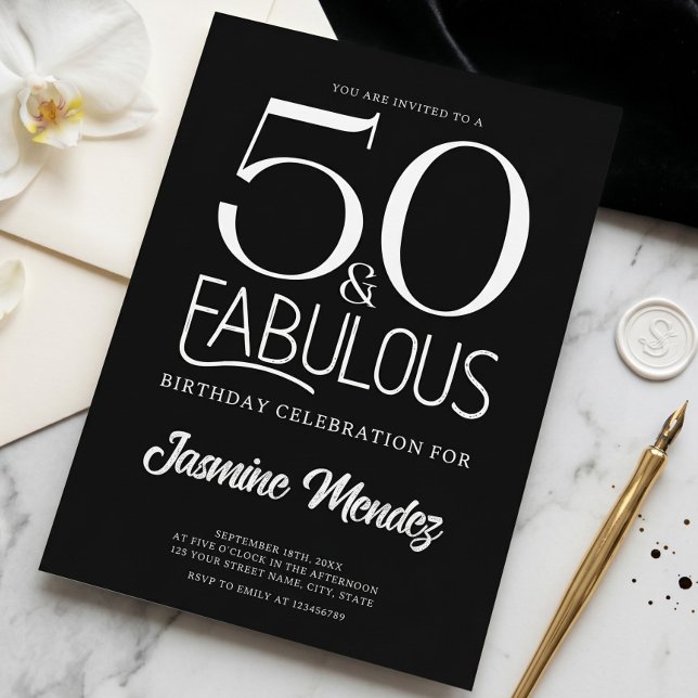 Invitation Élégant Anniversaire 50 Ans & Fabuleux Noir Et Bla (Créateur téléchargé)