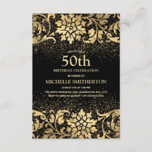 Invitation Elégant Anniversaire 50 ans Fleurs Paillettes Or N