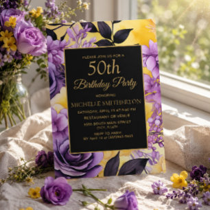 Invitation Elégant Anniversaire 50 ans Fleurs Violettes Jaune